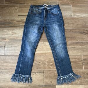 Judy Blue Flare Wide Leg Blue Jeans with Fringe Hem
